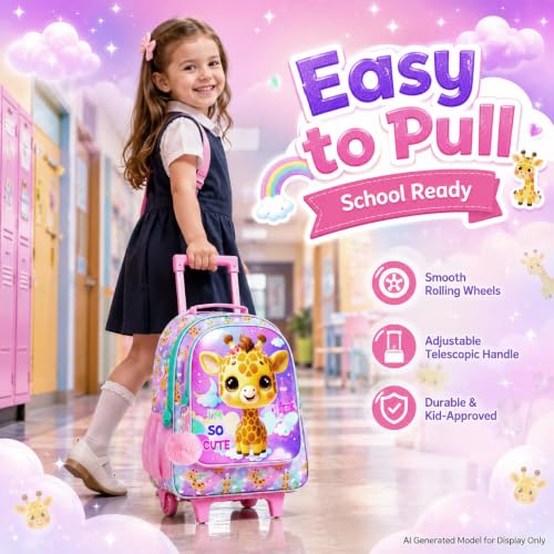 HPJGD 3PCS Giraffe Rolling Backpack for Girls, Kids School Backpacks with Wheels, Water Resistant UV Printed Roller Wheeled Bookbag Set - color: Glittering Priting Yellow Giraffe Rolling Backpack