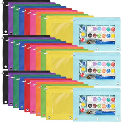 Marspark 30 Packs Pencil Pouch 3 Ring Binder Pen Pouch Cloth Pencil Pouches Zipper Pen Case Bag with Clear Window for Office Writing Supplies Gifts (10 Color) - color: 10 Color