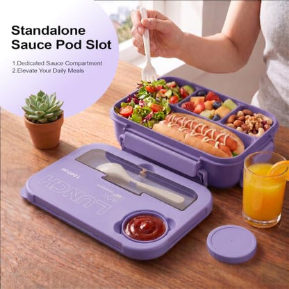Bento Box Adult Lunch Box, Lunch Containers for Adults 44.5 Oz/5 Cup,Purple | BPA-Free, Lid-Top Sauce Tray, Leak-Proof, 1300mL, Removable Silicone Sealing Ring, Lid-Top Utensil Slot with Included Cutlery - color: Purple