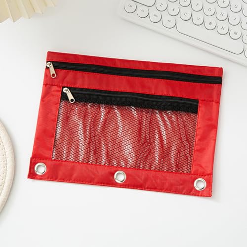 Pencil Pouch for 3 Ring Binder - 3 Hole Zipper Pen Case Bag Holder Bulk Accessories Clear Window Aesthetic Organizer Pockets (Red) - color: Red