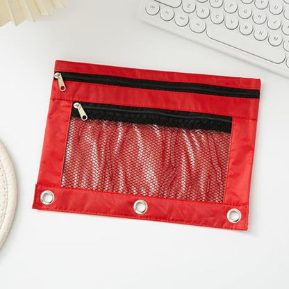 Pencil Pouch for 3 Ring Binder - 3 Hole Zipper Pen Case Bag Holder Bulk Accessories Clear Window Aesthetic Organizer Pockets (Red) - color: Red