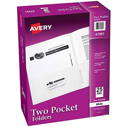 Avery Two Pocket Folders, Holds up to 40 Sheets, Business Card Slot, 25 White Folders (47991) - color: White, size: One Size
