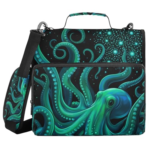 Gredecor 3 D-Ring Zipper Binder 1.5 IN Waterproof Blue Octopus Sea Poulpe Devilfish Binder with Zipper Shoulder Strap, Multi-Pockets Organizer Bag for School & Office Supplies, Storage 500 Sheets Capa - color: Blue Octopus Sea Poulpe Devilfish