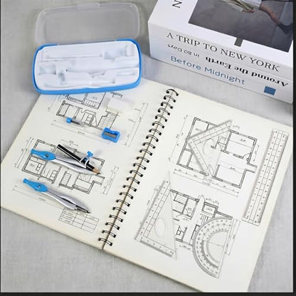 Marte Vanci 10 Piece Geometry Set, Math Geometry Kit with Storage Case, Includes 2 Compasses Rulers Protractor Pencil Eraser Sharpener Lead Refills Student Supplies for Drafting, Math Study (Blue) - color: Blue