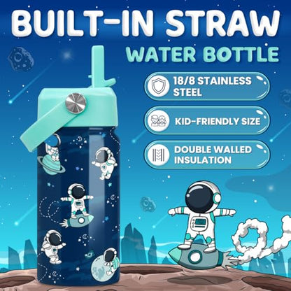 SANDJEST Astronaut Water Bottle - Kids Water Bottle with Straw Lid - 12 Oz Insulated Stainless Steel Water Bottles for Kid Boys - Travel Cup for School Sports - color: Astronaut