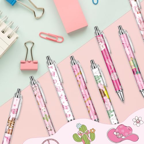 Cowgirl Pink Ballpoint Pens - 24 Pcs Retractable Western Style Girls Gifts Colorful Writing Smooth Cow Pattern Black Ink Ball Point Pen Office Supplies Party Favors for Christmas Graduation - style: Cowgirl