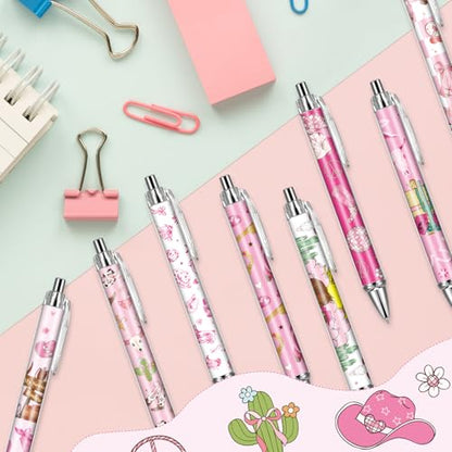 Cowgirl Pink Ballpoint Pens - 24 Pcs Retractable Western Style Girls Gifts Colorful Writing Smooth Cow Pattern Black Ink Ball Point Pen Office Supplies Party Favors for Christmas Graduation - style: Cowgirl