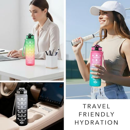 Hyeta Water Bottle with Straw & Time Marker, Plastic 32oz Leakproof | Motivational Tritan BPA Free Gym Office Outdoor Intake Tracker Hourly Reminder Straw Lid Carry Strap - color: Pink-Green