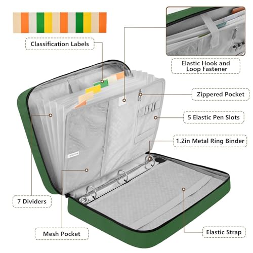 Hunter Green Accordion File Organizer with Zipper, 3 Ring Binder with 7 Pocket Expanding File Folder, 500 Sheet Document Organizer for A4 Letter School Office Supplies