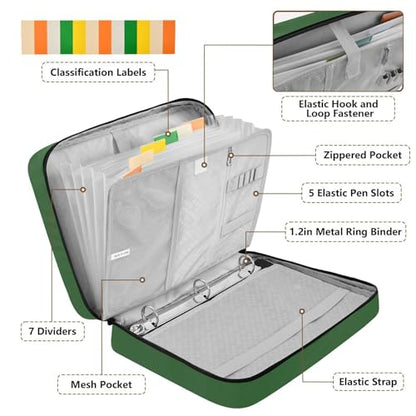 Hunter Green Accordion File Organizer with Zipper, 3 Ring Binder with 7 Pocket Expanding File Folder, 500 Sheet Document Organizer for A4 Letter School Office Supplies