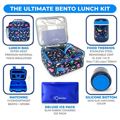 Dinosaur Bento Lunch Box for Boys with Thermo Stainless Steel Food Jar for Hot Food Soup, Insulated Dinosaur Lunch Bag and Ice Pack Set, Kids Container Boxes with 4 Compartments, Blue Space Dino - color: Blue Rocket Dino Set