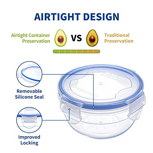 KIGI Round Food Storage Containers with Airtight Lids, Leak Proof Plastic Bowls for Lunch, Meal Prep, Fruit and Salad, 4-Sided Locking Lid, BPA-Free, 6 Piece Set, 1.25 Cup / 2.5 Cup / 4.3 Cup - size: Rounds (6-Piece)