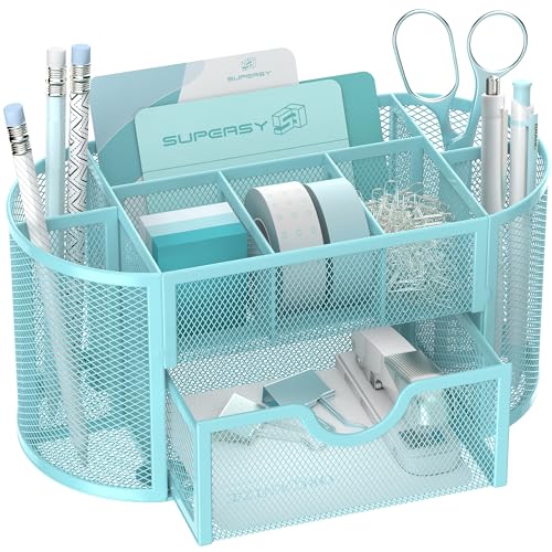 SUPEASY Mesh Desk Organizer, Desk Accessories & Workspace Organizers with Drawers, Pencil Holder for Desk with 9 Compartments for Office Suppliess, 8.6 x 4.3 x 4.1 Inch, Blue - color: Baby Blue