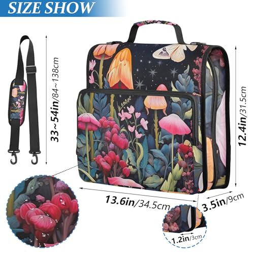 Butterflies Mushrooms Zipper Binder with Shoulder Strap & Handle for Easy Carry, 1.5 Inch 3-Ring Binder for School, Expansion Panel and Expanding File