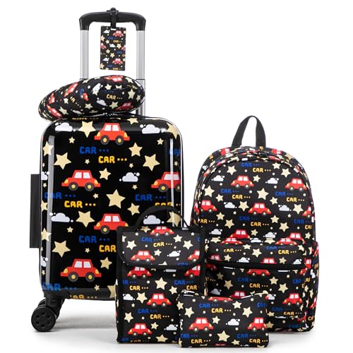 16’’ Kid’s Luggage Set with Spinner Wheels, Hardside with Suitcases,6 Piece | Carry on Luggage, Travel Rolling Luggage Airline Approved, Girls Boys - color: Car