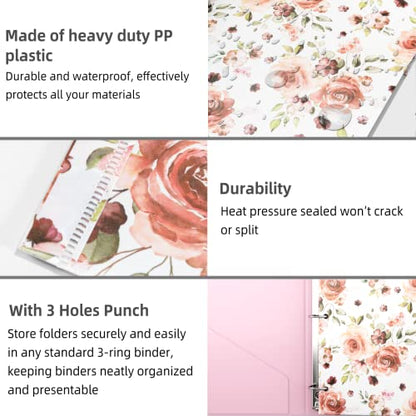 Ospelelf Folders with Pockets, Waterproof Plastic Folder with Two Fixed Corner Tabs and 2 Pockets Includes Business Card Slot, Includes Sticker, Fits 3 Ring Binder Holds 11" x 8.5", 6-Pack - color: Flowers