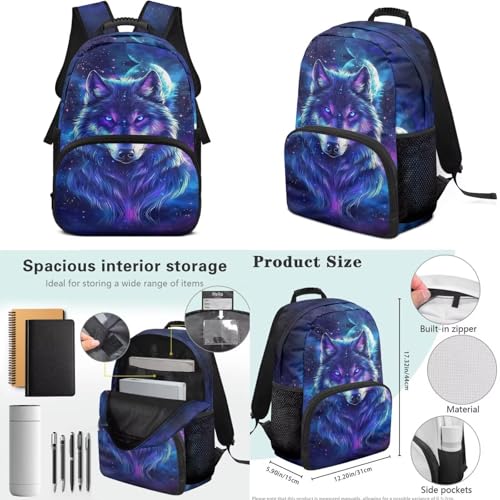 Galaxy Wolf Backpack with Lunch Box for Elementary Boy Back to School Supplies, Perple 17 Inch 4 Pcs Bookbag with Wider Strap to Reduce Shoulder Pressure - color: Galaxy Wolf