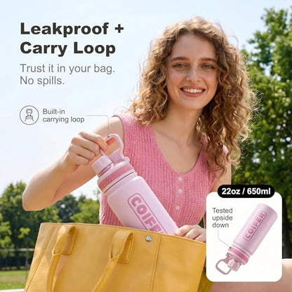 22 oz Insulated Water Bottle, Lightweight Stainless Steel Vacuum with Handle, Leakproof Dustproof Spout Lid, Wide Mouth BPA-Free, Cute for School Yoga Travel Commute Gifts for Women Girls - color: Rose Pink