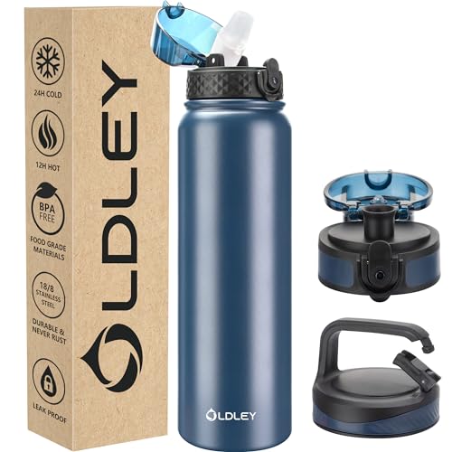 Oldley Insulated Water Bottle 32oz Water Bottles with Straw, Stainless Steel Water Bottle with 3 Lids, Double Wall Vacuum Bottels for Adults Kids,Leak-Proof Sport Bottles for School Travel, Navy Blue - color: Navy Blue, size: 32 Ounces