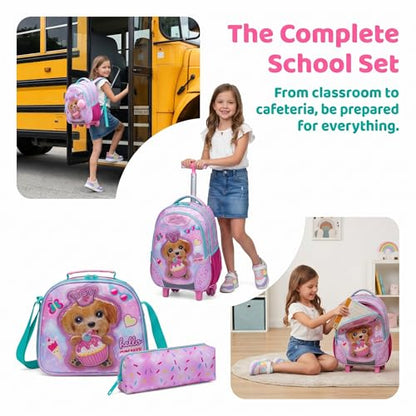 Kids Rolling Backpack for Girls Plush Material Dog Trolley Suitcases Luggage with Wheels Bookbag Wheeled 3pcs on Lunch Box Pencil Case Elementary Teenagers Pink for Girls Age 5-12 - color: Pink-0130-maoronggou