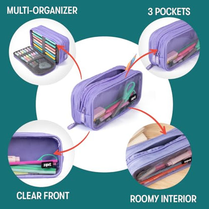 ZIPIT Half & Half Pencil Case for Girls, 3 Compartment Zipper Pouch for School, Stationery Bag for Teen and Adults, Purple - color: Light Purple