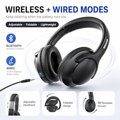 MIDOLA Bluetooth Headphones Over Ear, 68H Playtime Wireless Headphones with Microphone, 6 EQ Modes, HiFi Stereo Deep Bass, Foldable Lightweight Headset for Home Office, Cellphone, PC, Black - color: Black