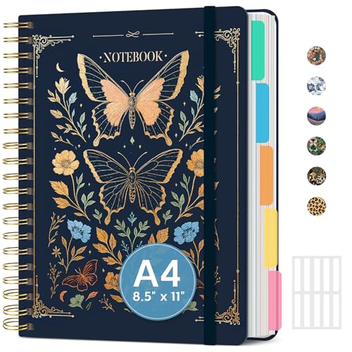 Large Spiral Notebook with Dividers & Tabs, 8.5" x 11" Hardcover 5 Subject Notebook for Work, 280 Pages, College Ruled, Cute Journal for Women, Perfect for Study & Office Note Taking, Golden Butterfly - color: K-Golden Butterfly
