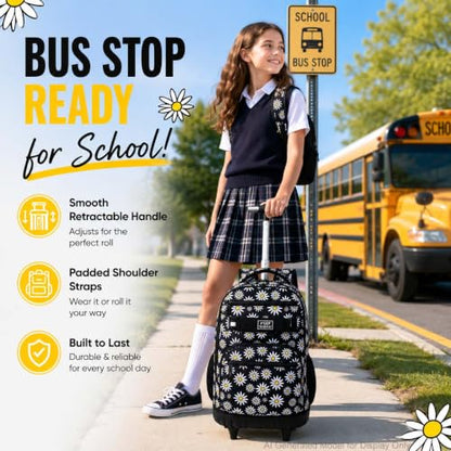 AGSDON Rolling Backpack for Girls, Women Roller Wheels Bookbag, Laptop Daisy Wheeled School Bag with Wheels for Teens - color: Daisy Black
