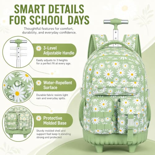 CCJPX 3Pcs Rolling Backpack for Girls, Roller Wheeled School Bookbag, Daisy Wheels Backpacks with Lunch Box for Kids (Green) - color: Daisy Green