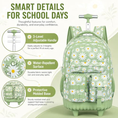 CCJPX 3Pcs Rolling Backpack for Girls, Roller Wheeled School Bookbag, Daisy Wheels Backpacks with Lunch Box for Kids (Green) - color: Daisy Green