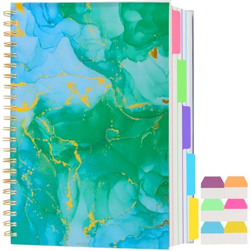 5 Subject Notebook College Ruled, A5 Spiral Notebook with Removable Pocket Dividers Tabs, Lined Organizer Notebook Journal for Women, 240 Pages Notebooks for Work School Note Taking, Green Marble - color: Green