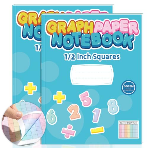 2 Pack 8.5”×11” Colored Graph Paper Pad Math Graph Paper Notebook 1/2 Inch Squares Large Quad Ruled Grid Colored Grid Notebook Exercise 60 Sheets for Kids Dyslexia School Handwriting Planning