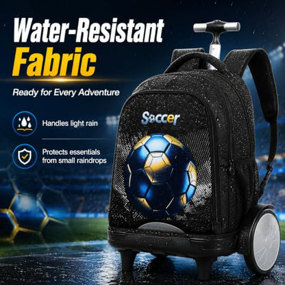 gxtvo Large Wheels & Quiet Glide | Rolling Backpack for Kids - Water-Resistant Wheeled Bag with Lunch Box for School, Travel & Outings - Black Gold Soccer - color: Rolling Backpack Gold Soccer Black
