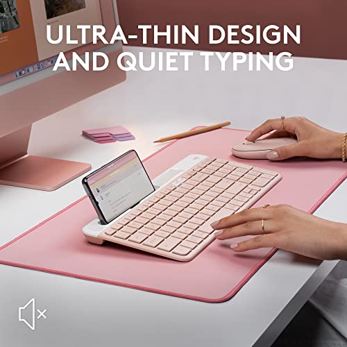 Logitech K585 Multi-Device Slim Wireless Keyboard, Built-in Cradle for Device; for Laptop, Tablet, Desktop, Smartphone, Win/Mac, Bluetooth/Receiver, Compact, Easy Switch, 24 Month Battery - Rose | Slim Keyboard with Built-in Phone Cradle, Easy-Switch for