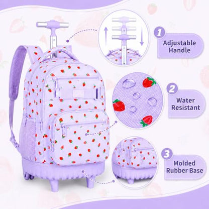 3Pcs Rolling Backpack for Girls, School Roller Bookbag with Wheels, Strawberry Wheeled Backpacks Set for Women (Purple) - color: Purple Strawberry