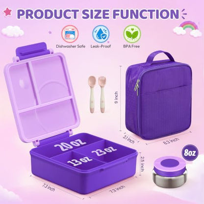Itslife Bento Lunch Box for Kids with 8oz Soup Thermo&Lunch Bag, Leak-Proof Lunch Food Containers with 4 Compartment, Hot Food Insulated Food Jar for Kids School (Purple) - color: Purple