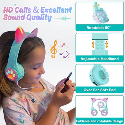 Riwbox CF9 Cat Ear Kids Bluetooth Headphones with LED Light Up,Safe 85dB Volume Limit,Built-in Mic&Boom Mic for Calls,Kids Wireless&Wired Headphones for Tablet/Airplane/School/Online Learning (Green) - color: Green