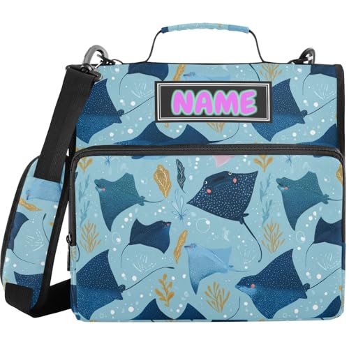 Custom Name Zipper Binder 3 Ring with Shoulder Strap Manta Rays Fish Blue 1.5 Inch Binder Holds 500 Sheets Personalized Multi-Pocket Organizer Zipper Binders Organizer for School Students Office - color: Multicolored.23