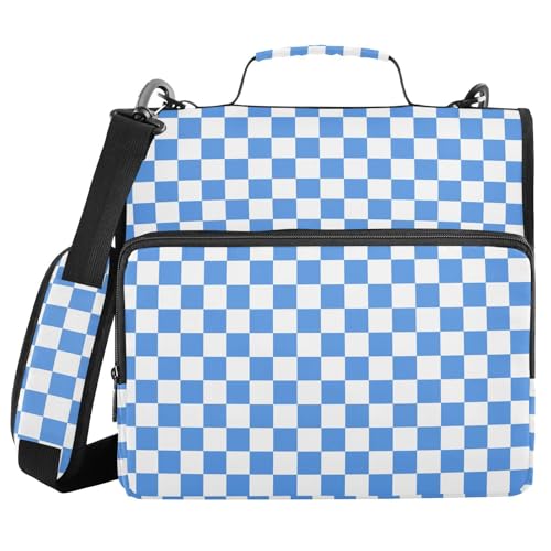 Light Blue White Checkered Binder Bag 3 Ring Zipper Binders with Shoulder Strap for School Office Organizer Storage - color: Q017
