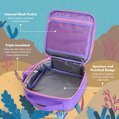 Elemental Insulated Lunch Bag for Kids, with Water Bottle Pocket & Charm Band, Fits Lunch Box, Lunch Bag for School to Keeps Food at Optimal Temperature, 3L - Mermaid - color: Purple