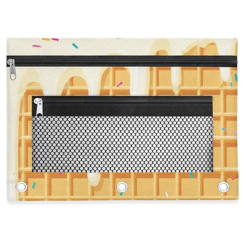 Waffle Cookies Pencil Pouch for 3 Ring Binder White Ice Cream Pencil Case Bag with Clear Window Zipper Pockets for Kids Girls Boys Students School College Supplies 2 Pack - color: White