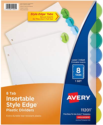 Avery® Insertable Style Edge™ Plastic Dividers for 3 Ring Binders, 8-Tab Set, Multicolor, 1 Set (11201) - size: 1-Pack, style: Dividers