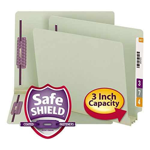 Smead End Tab Pressboard Fastener File Folder with SafeSHIELD Fasteners, 2 Fasteners, 3" Expansion, Letter Size, Gray/Green, 25 per Box (34725) - size: 3" Expansion