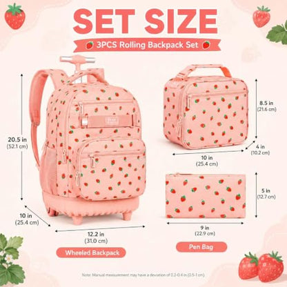 3Pcs Rolling Backpack for Women Girls with Large Wheels, 20 Inches Detachable Wheeled Backpack Set, Adults Water Resistant Roller Backpack for Travel, Work, College School (Pink) - color: Pink Strawberry