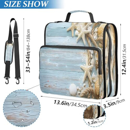 3 Ring Zipper Binder Starfish Seashell Blue Wood Grain Binders Bag with Shoulder Strap 500 Sheets Paper Organizer Trapper Keeper Documents Storage File Folder for School Office - color: A492