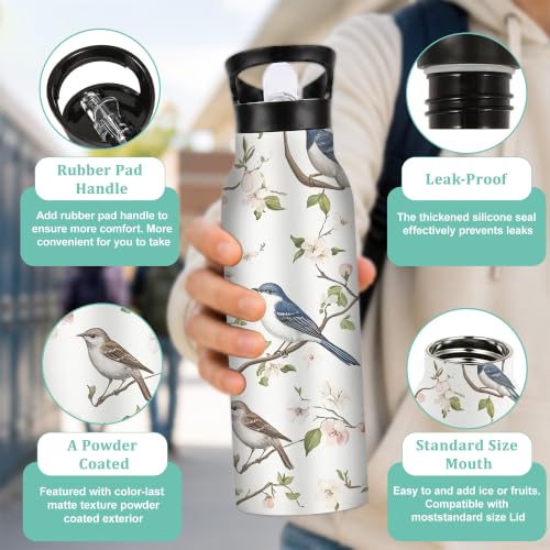 Bird Branch Insulated Water Bottle,Spring Blossom Stainless Steel Water Bottles 20 oz with Straw Lid,Leak Resistant Double Wall Insulated Flask with Handle for Travel Outdoor Gym - color: Bird Branch,Spring Blossom