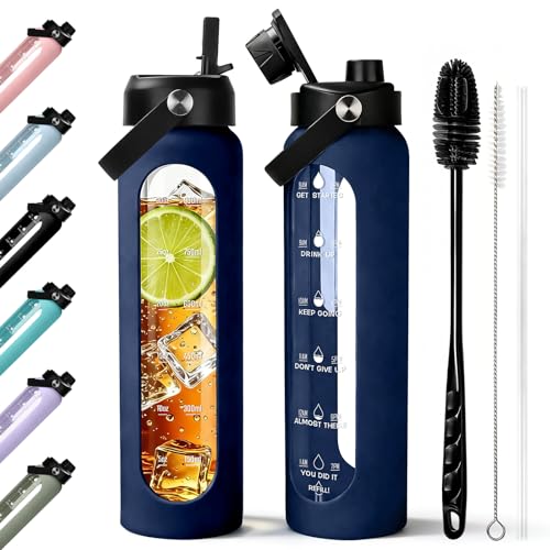 Aqulea 32 oz Glass Water Bottle with 2 Lids – Spout & Straw Lids, 1L Motivational Borosilicate Glass Water Bottle with Time Marker & Silicone Sleeve, Leakproof (Blue) - color: Blue, size: 32 Ounces