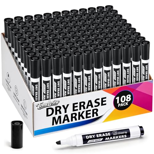 108 Count Dry Erase Markers Bulk, Black Chisel Tip Whiteboard Markers, Wipe Clean & Ghost-Free, Low Odor Dry Erase Pens for Office, Classroom, Home, Back to School Supplies - color: Black