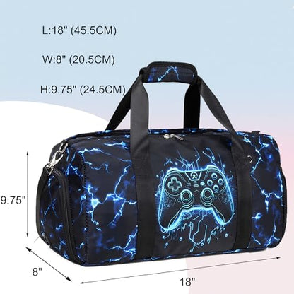 Gamer Sports Duffle Bag Boys Girls Overnighter Sleepover Gym Bag Weekender Carry On Shoulder Bags with Shoe Compartment & Wet Pocket,Game Print - color: Blue Gamer
