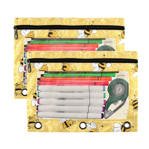 Kcldeci Pencil Pouch for 3 Ring Binder, Bees on The Honey Honeycombs 2 Pack Binder Pencil Pouch with Clear Window Pencil Bags with Zipper Pencil Case for Binder - color: B07